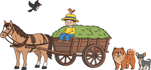 Cartoon horse pulling hay cart with child, dogs and birds in rural farm scene, colorful countryside illustration for kids, playful animal artwork design © Niati