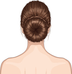 Cartoon woman hairstyle with neat bun, brown hair illustration from back view, elegant fashion artwork for beauty, grooming, professional design concept