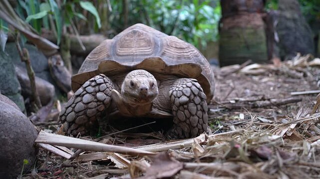 African Spurred Tortoise Eating Dry Grass Close-up