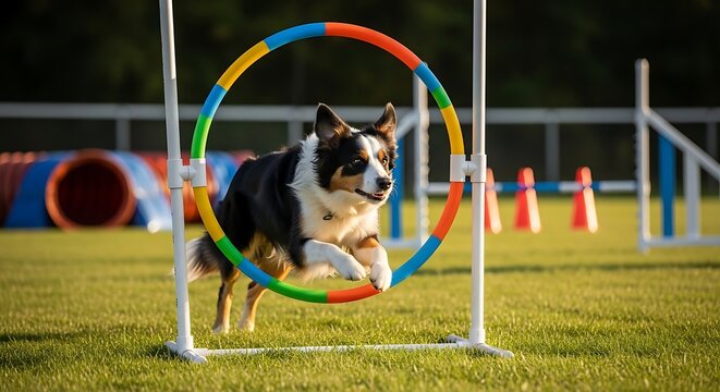 Dog jumping through hoop on a green field in daylight