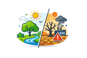Fototapeta premium Climate change concept contrast between healthy greenery and affected nature elements, expressing transition, warning, and ecological