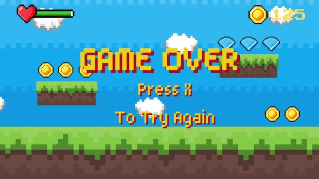 Retro pixel art 'Game Over' screen in a classic 2D platformer, offering a chance to restart and try again for victory in the digital adventure