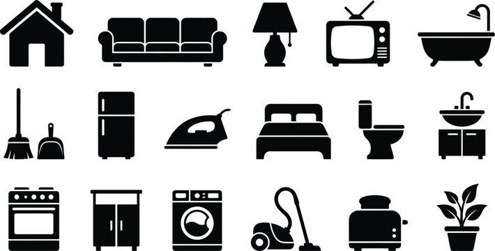 Black and white icons of household furniture and appliances