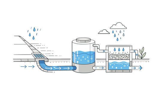 Urban rainwater harvesting drainage. An editorial close-up of urban drainage channels guiding rainwater into storage or filtration systems. The scene