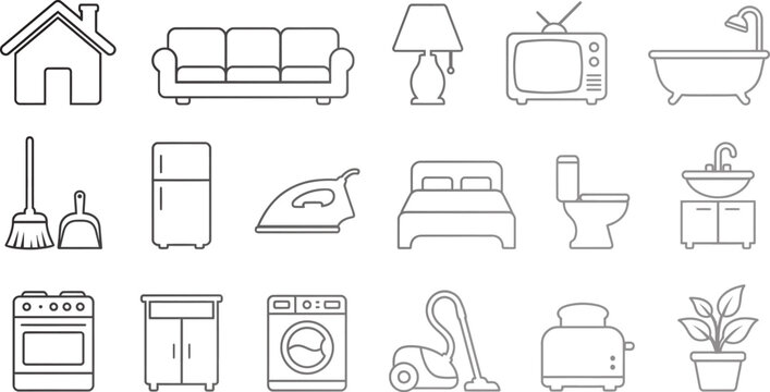Line drawings of various household furniture and appliances