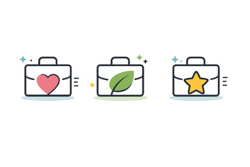 Purpose-based career icons. Abstract symbols combining briefcases with hearts, leaves, or stars to represent meaningful work. Clean, modern visuals