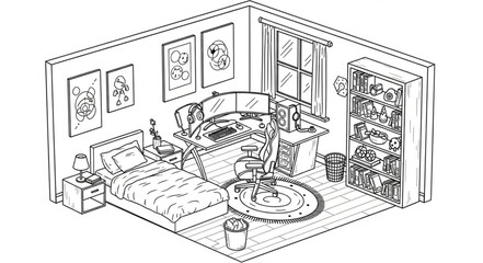 Detailed isometric illustration of a modern gaming room with multiple monitors and setup.