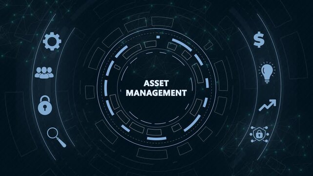 Futuristic digital asset management concept with circular HUD interface, financial icons, cybersecurity symbols, and abstract blue technology network background