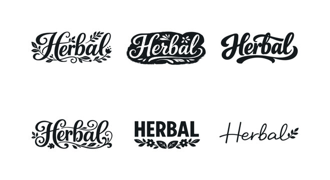 Collection of six different "Herbal" text logos with decorative elements