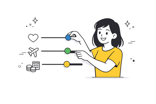 User-first ad control. A person happily adjusts a set of ad preference sliders with icons for topics like health, travel, and finance, subtle floating dots and