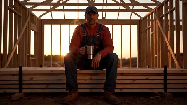 Construction worker taking a break with coffee at sunset on a new building site.
