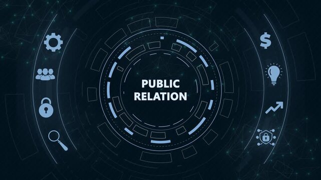 PR Public relations concept. Communication advertising marketing strategy.Circular hud interface,abstract blue technology network background.