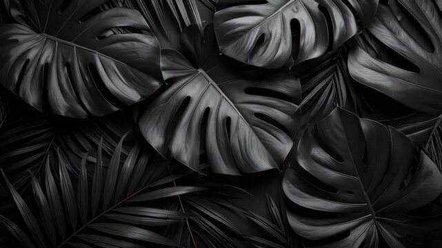 Dark Tropical Leaves Arrangement with Monstera and Palm Fronds
