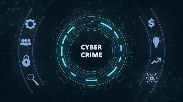 The concept of a cyber attack on a computer network. Cyber crime and internet privacy hacking.Circular hud interface,abstract blue technology network background.