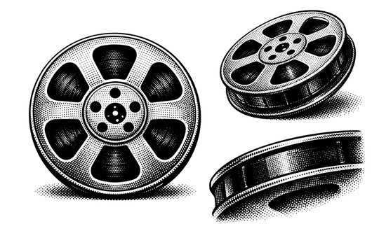 Film reel illustrated as a realistic spool with evenly spaced cutouts displayed in frontal view, angled view, and detailed rim view. Black