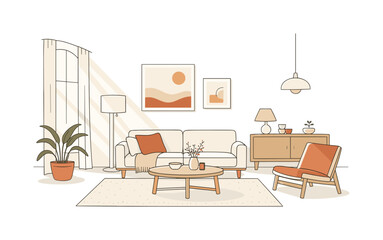 Obraz premium Quiet luxury natural light living space. A modern interior with minimal furniture, warm textures, and sunlight softly filling the room. The