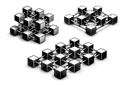 Blockchain network ? modular block lattice. A single modular blockchain block lattice represented in three views with layered geometry,