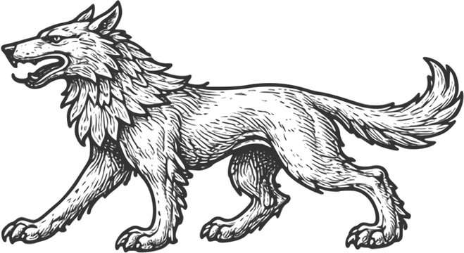 Vintage Engraved Heraldic Wolf &ndash; Medieval Crest Animal Illustration in Woodcut Style