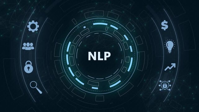 NLP Natural language processing AI Artificial intelligence.Circular hud interface,abstract blue technology network background.