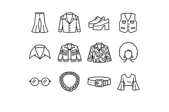 1970s Fashion. Line icon set of 1970s Fashion: bell-bottom pants, disco shirt, platform shoes, leather vest, oversized collar, fringe jacket, paisley shirt,