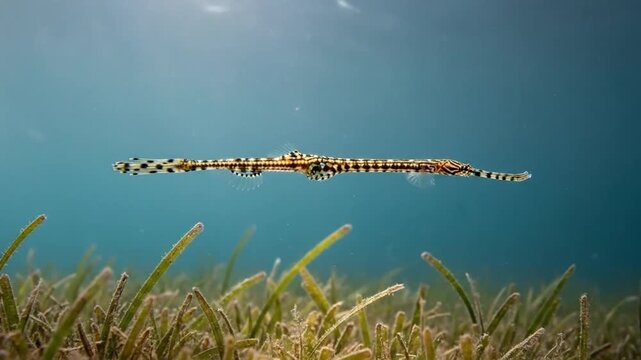 Graceful long-snouted pipefish swimming peacefully above vibrant green seagrass on the clear ocean seabed, illustrating marine wildlife.