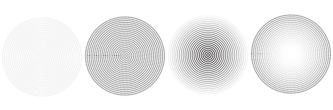 Black concentric circle set. Sonar or sound wave ring collection. Halftone and linear epicentre, target, radar icon concept. Ripple radial signal or vibration elements. Vector line and dotted symbols