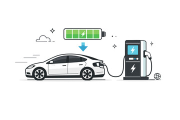 Fototapeta premium Electric vehicle fast charging. An electric car connected to a charger with subtle motion lines and battery indicator, showing energy flow.
