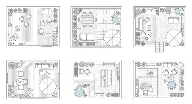 Detailed architectural blueprints showcasing various outdoor spaces and garden designs.