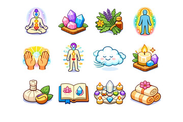 Holistic Healing. Colorful isometric vector icons set of Holistic Healing: chakra diagram, crystal therapy, healing herbs, energy aura, reiki