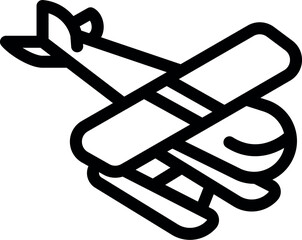 Simple black and white icon of a seaplane soaring through the sky, showcasing its pontoons for water landings © ylivdesign