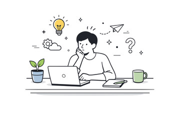 Quiet brainstorming workspace. A minimalist desk setup with one person thinking deeply, small idea icons and motion lines subtly highlighting