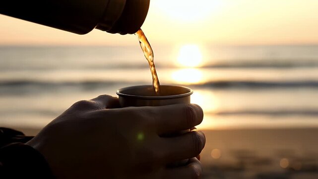 Pouring hot drink from thermos into cup at beach during sunset, close-up view.