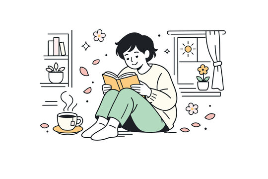 Reading at home. Person curled up with a book near a window or bookshelf, cozy clothing and tea nearby. Quiet joy, slow pace, soft natural