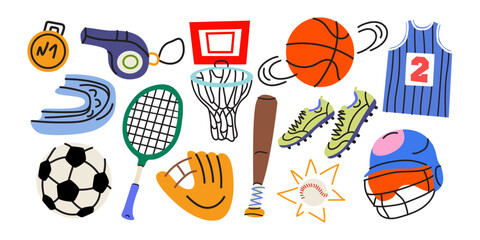 Cartoon sport elements set in retro doodle style. Training, activity shapes. Sports equipment, soccer ball, tennis racket, rugby helmet, basketball equipment. Flat vector illustration isolated © luamor