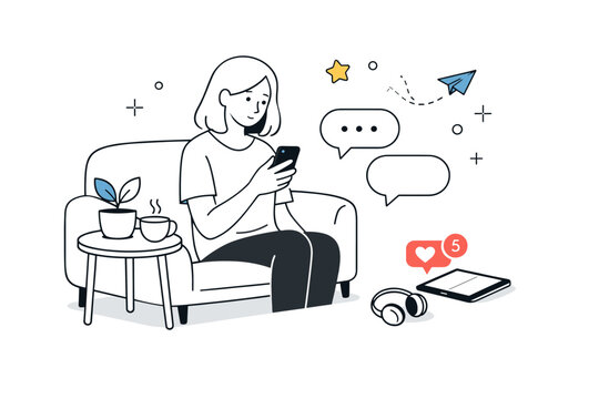 Quiet social isolation moments. Person looking at messages without replying, calm digital distance and emotional space. Subtle interaction with screens, icons,