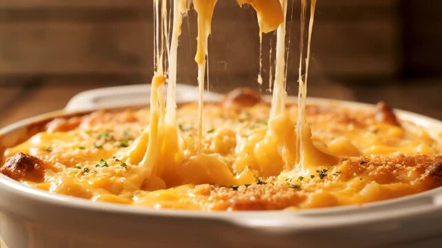 Creamy Baked Mac and Cheese with Melted Stretchy Cheese in Close Up View Showing Comfort Food and Home Cooking Video