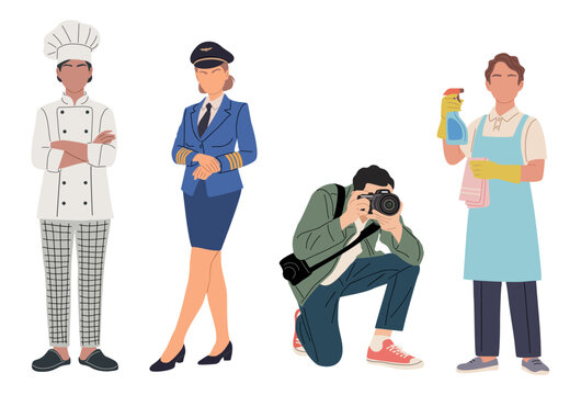 Set of stylized figures representing different professions, flight intendant, photographer, housekipper, chief. Flat vector illustrations isolated on transparent background.