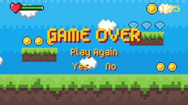 Vibrant pixel art game over screen displaying classic platformer failure with collectible items and a 'Play Again' prompt in a nostalgic digital aesthetic, perfect for retro gaming themes