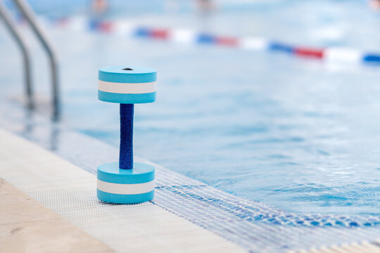 Foam dumbbells for water workouts sit on the edge of a pool