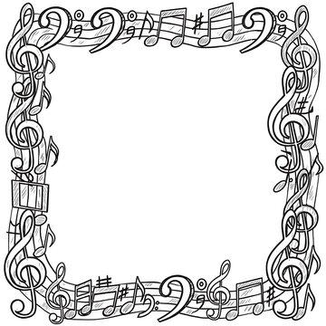 Elegant musical notes frame with intricate designs and various instruments