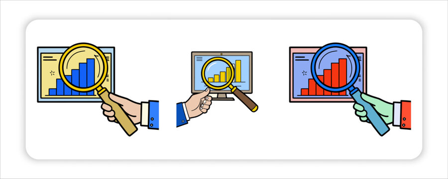 Inpection Icon and flat modern trand magnifying glass with graph going down icon on blue and pink pastel colored background 