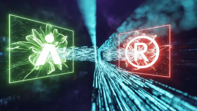 Abstract digital art with glowing symbols representing innovation and trademark on a futuristic background