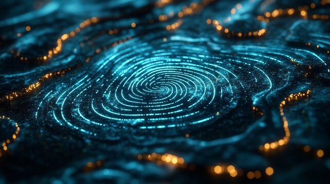 Futuristic Digital Biometric Identification System with Neon Glowing Fingerprint Technology Design