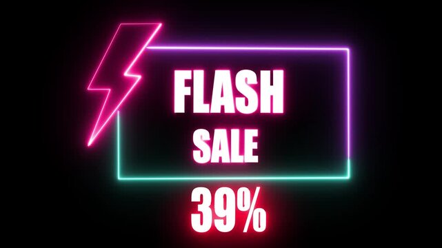 Neon Flash Sale 39 Percent Discount Animated Graphic with Lightning Bolt Element