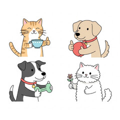 Whimsical Cat and Dog Vector Illustration, Pets with Opposable Thumbs, Playful Fun, Flat Design, Pastel Minimalistic Style