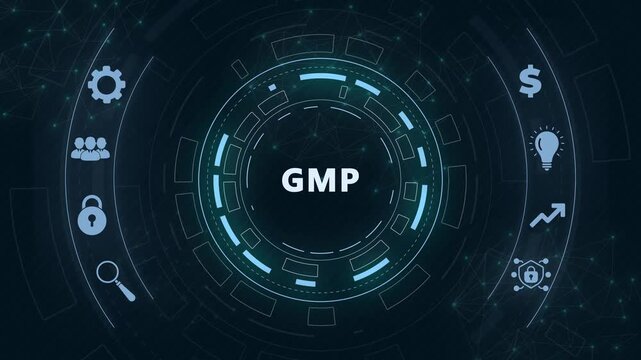 Good manufacturing practice certification quality control on virtual screen. GMP.