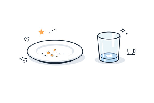 Ordinary objects storytelling. A quiet kitchen moment with a single plate, crumbs, and a glass left behind. Aftermath of an ordinary ritual and implied human