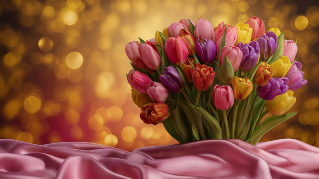 Kartka na międzynarodowy dzień kobiet. Kolorowy bukiet tulipan&oacute;w