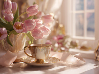 Kartka na międzynarodowy dzień kobiet. Kolorowy bukiet tulipanów i kawa 