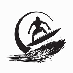 Surfing Action Silhouette Vector Illustration on Ocean Wave